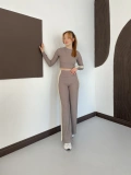Garnili Yan Şerit Crop-Pantolon Takım Gri