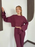 İspanyol Kol Crop- Bluz-Pantolon Takım Mürdüm
