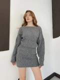 Kayık Yaka Yumoş Dokulu Triki Mini Elbise Gri