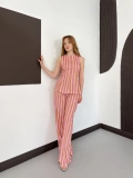 Pembe-Camel Hamon Çizgili Bluz-Pantolon Takım