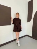 Pileli Şort Etek- Tişört Modal Takım Kahve