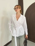 Poplin Kumaş Bel Kemer Detaylı Gömlek Beyaz