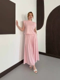 Vatkalı Bluz Piliseli Etek Takım Pembe