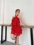 Volanlı Astarlı Tül Mini Elbise Kırmızı