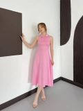 Yaka Detay Sıfır Kol Midi Elbise Pembe