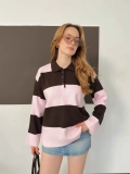 Yakalı Kalın Çizgi Desenli Triko Kazak Pembe