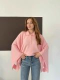 Yakalı Panço Triko Kazak Pembe