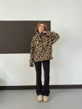 Yarım Fermuar Desenli Peluş Polar Leopar