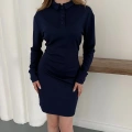 Polo Yaka Düğme Detaylı Uzun Kol Mini Elbise Lacivert