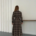 Bel Kuşaklı Ekose Uzun Gömlek Elbise Kahve
