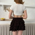 Dantel Detay Fırfırlı Mini Etek Kahve