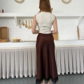 Dantel Detaylı Saten Maxi Etek Kahve