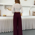 Pile Detaylı Kemerli Bol Paça Pantolon Bordo