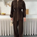Çift Fermuar Detaylı Bel Büzgülü Modal Takım Kahve