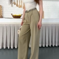 Kemerli Yüksek Bel Bol Paça Pantolon Haki