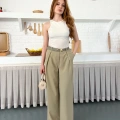 Kemerli Yüksek Bel Bol Paça Pantolon Haki