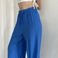 Çilek Kumaş Yüksek Bel Rahat Kalıp Pantolon Mavi