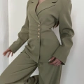 Düğme Detaylı Doublu Kumaş Tasarım Takım Yeşil