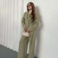 Düğme Detaylı Doublu Kumaş Tasarım Takım Yeşil