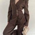 Düğme Detaylı Doublu Kumaş Tasarım Takım Kahve