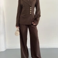 Düğme Detaylı Doublu Kumaş Tasarım Takım Kahve