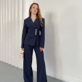 Düğme Detaylı Doublu Kumaş Tasarım Takım Lacivert