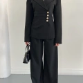 Düğme Detaylı Doublu Kumaş Tasarım Takım Siyah