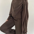 Drapeli Fular Detaylı Modal Kumaş Takım Kahve