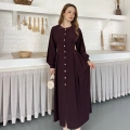Düğme Detaylı Uzun Zarif Gömlek Elbise Mürdüm