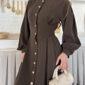 Düğme Detaylı Uzun Zarif Gömlek Elbise Kahve