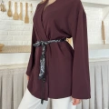 Kruvaze Yaka Bel Kuşaklı Tasarım Bluz Bordo