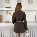 Kruvaze Yaka Bel Kuşaklı Tasarım Bluz Kahve