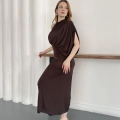 Tek Omuz Kol Detaylı Büzgü Elbise Kahve