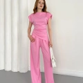 Omuz Vatkalı Asimetrik Kesim Takım Pembe