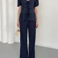 Modal Kumaş Bel Büzgü Detaylı Rahat Takım Lacivert