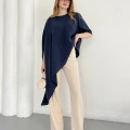 Asimetrik Kesim Vatkalı Tasarım Bluz Lacivert