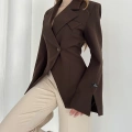 Kruvaze Yaka Tek Düğme Detaylı Tasarım Ceket Kahve
