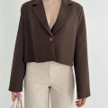 Kruvaze Yaka Tek Düğme Detay Crop Ceket Kahve