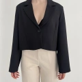 Kruvaze Yaka Tek Düğme Detay Crop Ceket Siyah