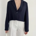 Kruvaze Yaka Tek Düğme Detay Crop Ceket Lacivert