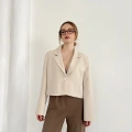 Kruvaze Yaka Tek Düğme Detay Crop Ceket Bej