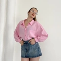 Cep Detaylı Oversize Salaş Crep Gömlek Pembe