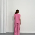 Gold Düğme Detaylı Tasarım Yelekli Takım Pembe