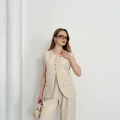 Gold Düğme Detaylı Tasarım Yelekli Takım Bej