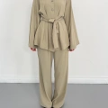 Düğme Detaylı Bel Kuşaklı İspanyol Kol Takım Haki