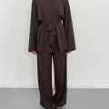 Düğme Detaylı Bel Kuşaklı İspanyol Kol Takım Acı Kahve