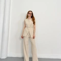 Bel Kemerli Asimetrik Kesim Yelekli Takım Bej