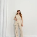 Bel Kemerli Asimetrik Kesim Yelekli Takım Bej