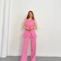 Bel Kemerli Asimetrik Kesim Yelekli Takım Pembe