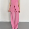 Bel Kemerli Asimetrik Kesim Yelekli Takım Pembe